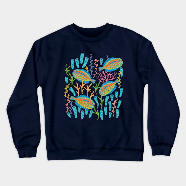 TROPICAL ZONE Coral Reef Fish Undersea Ocean Sea Creatures in Bright Colours on Dark Teal Blue - UnBlink Studio by Jackie Tahara Crewneck Sweatshirt by UnBlink Studio by Jackie Tahara